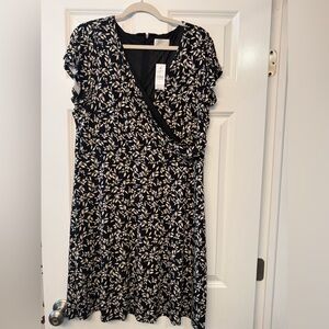 LOFT Black and Cream Leaf Print Midi Dress